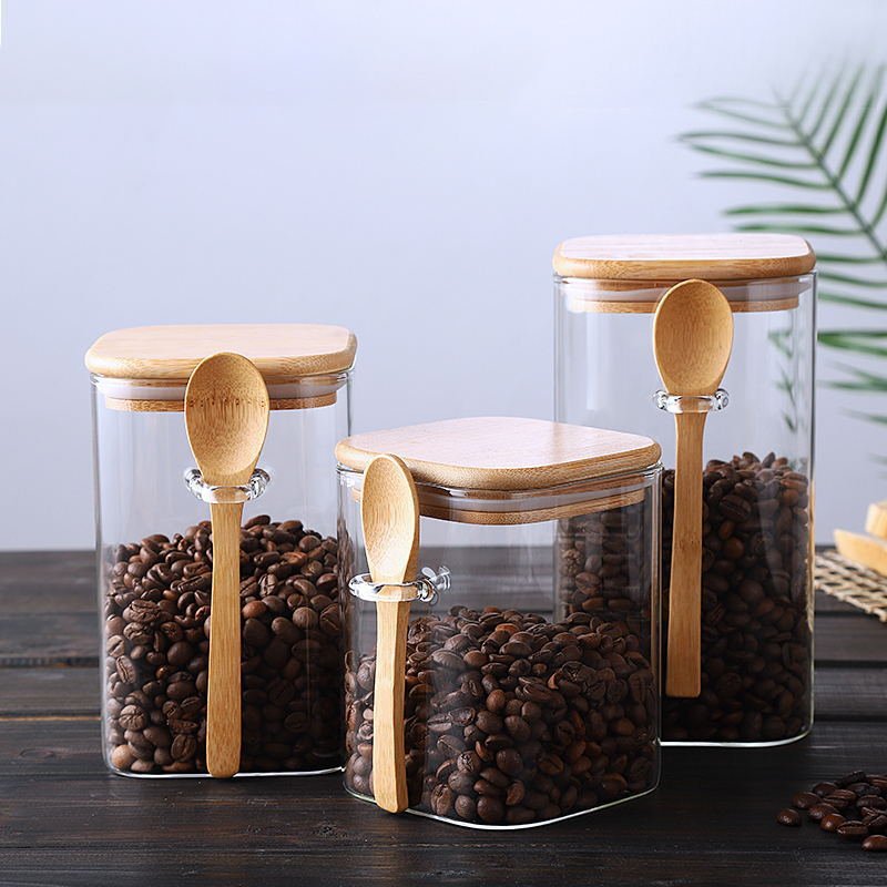 Food grade 1500ml big coffee tea glass jar with wooden lid and spoon