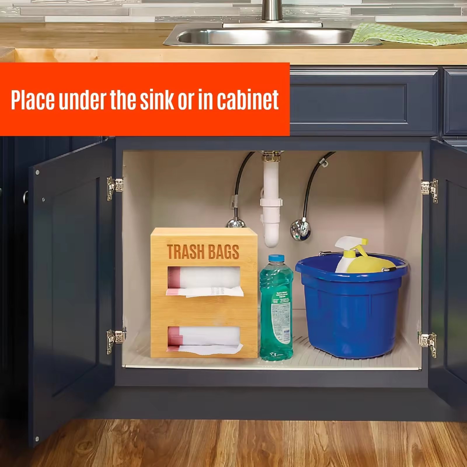 Bamboo Garbage Trash Bag Organizer 2 in 1 Dispenser Roll Holder Garbage Bag Storage Box Wall Mount Plastic Trash Bag Dispenser