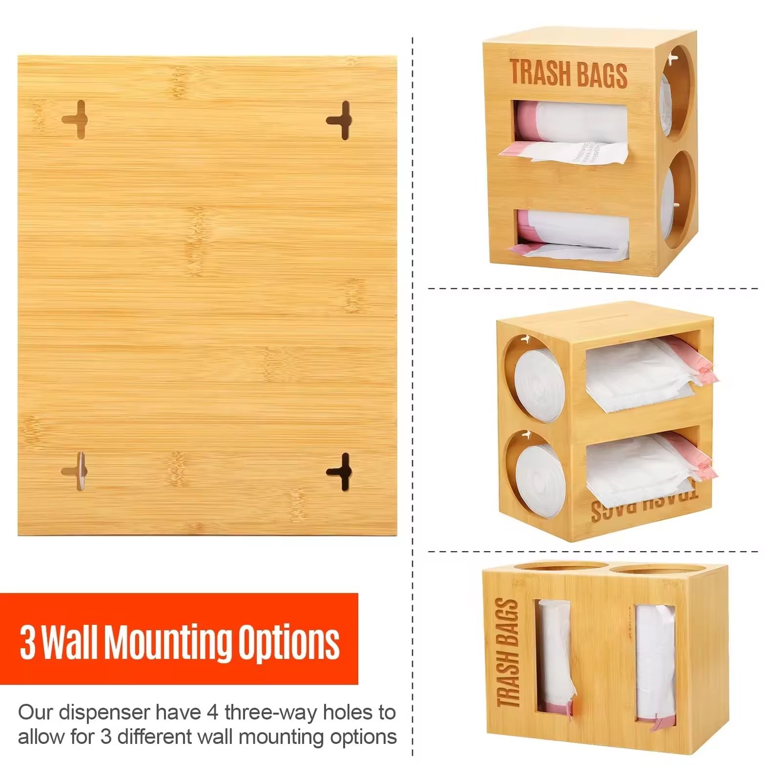 Bamboo Garbage Trash Bag Organizer 2 in 1 Dispenser Roll Holder Garbage Bag Storage Box Wall Mount Plastic Trash Bag Dispenser