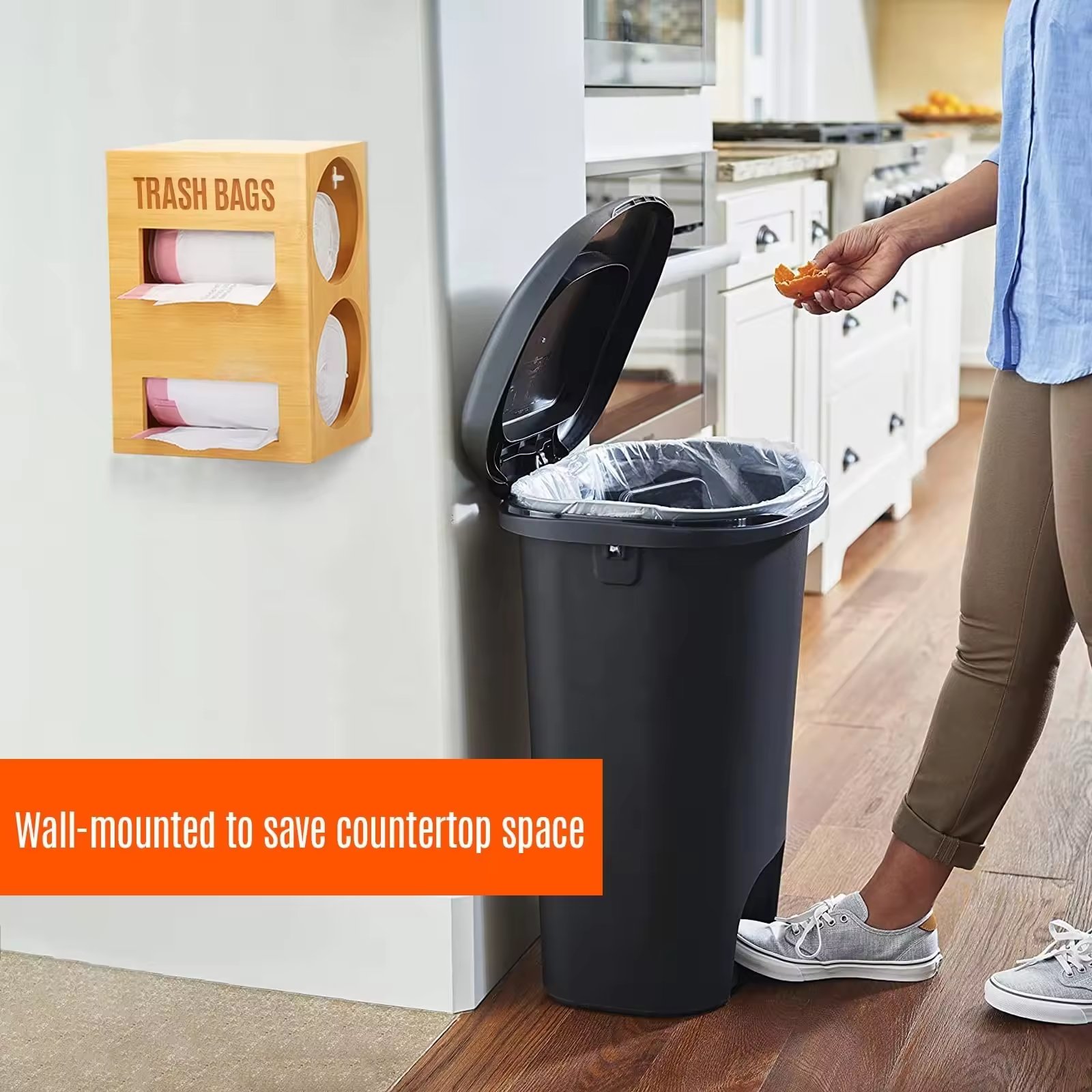 Bamboo Garbage Trash Bag Organizer 2 in 1 Dispenser Roll Holder Garbage Bag Storage Box Wall Mount Plastic Trash Bag Dispenser