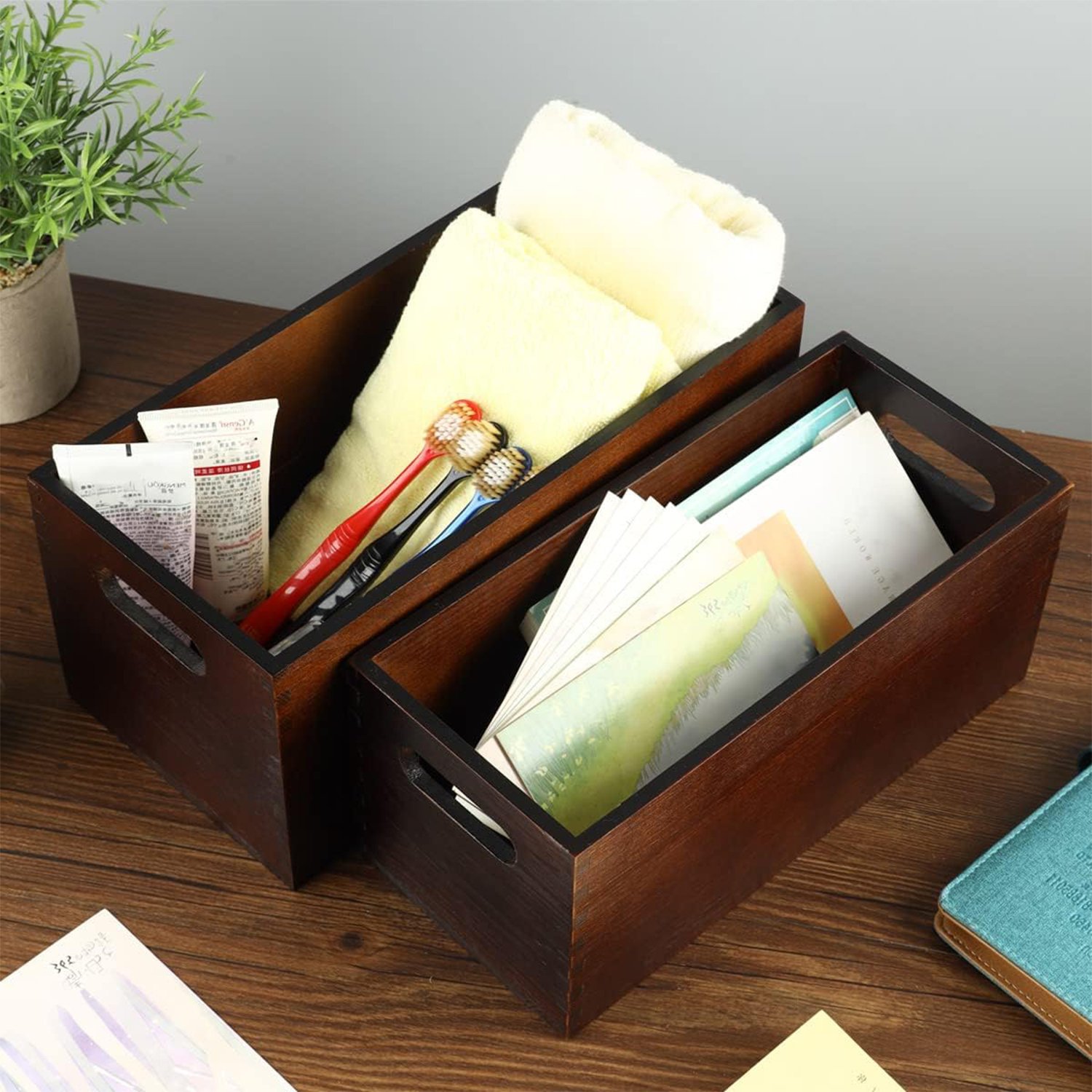 Set 2 Wood Open Storage Boxes Mail Organizer Bins Letter Holder Box Rustic Wooden Boxes for Storage