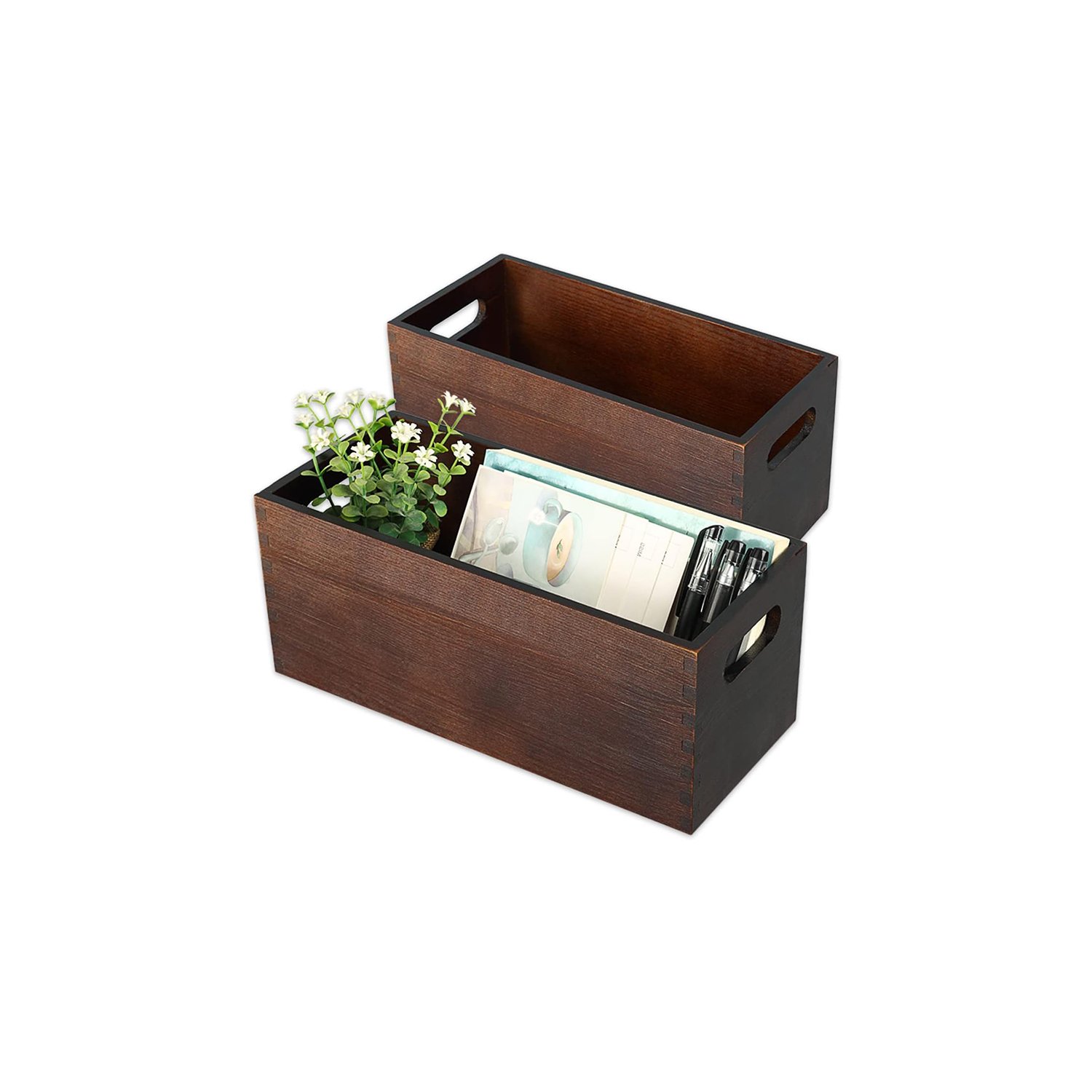 Set 2 Wood Open Storage Boxes Mail Organizer Bins Letter Holder Box Rustic Wooden Boxes for Storage