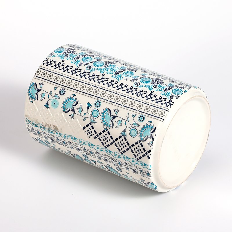 Custom Food Grade Vintage Blue Floral Decal Printing Embossed Craft Food Canister Jar Bamboo Lid Ceramic Food Storage Canister