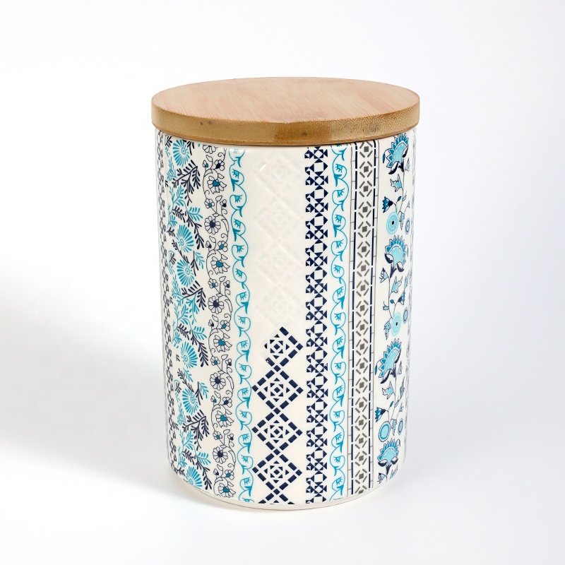 Custom Food Grade Vintage Blue Floral Decal Printing Embossed Craft Food Canister Jar Bamboo Lid Ceramic Food Storage Canister
