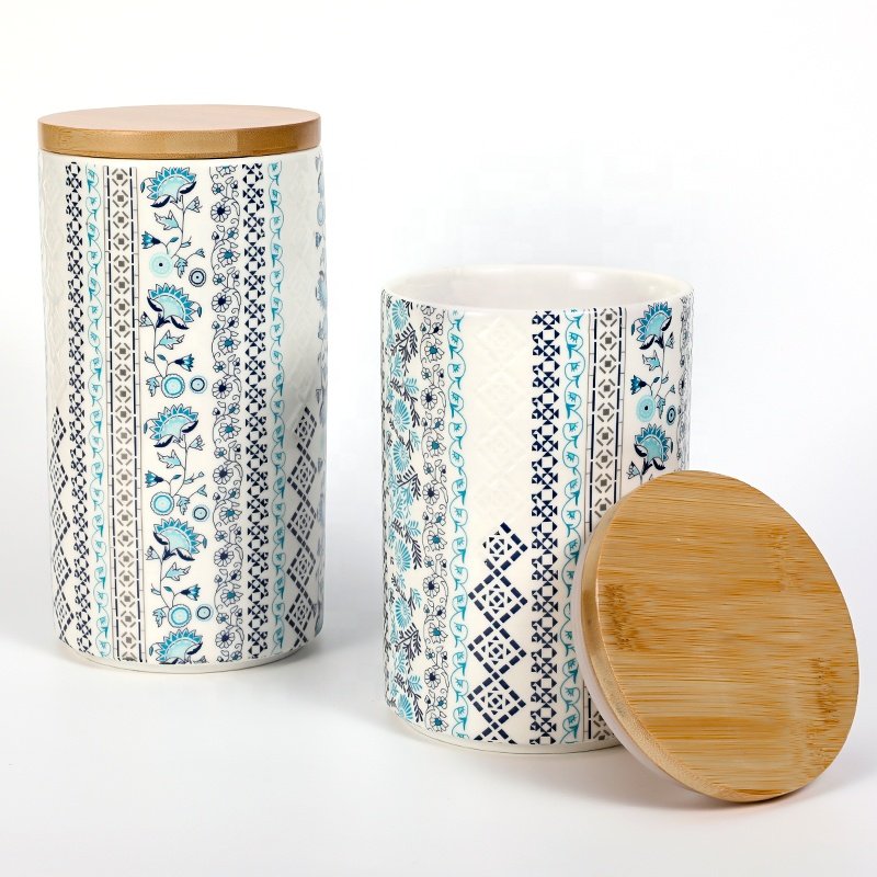 Custom Food Grade Vintage Blue Floral Decal Printing Embossed Craft Food Canister Jar Bamboo Lid Ceramic Food Storage Canister