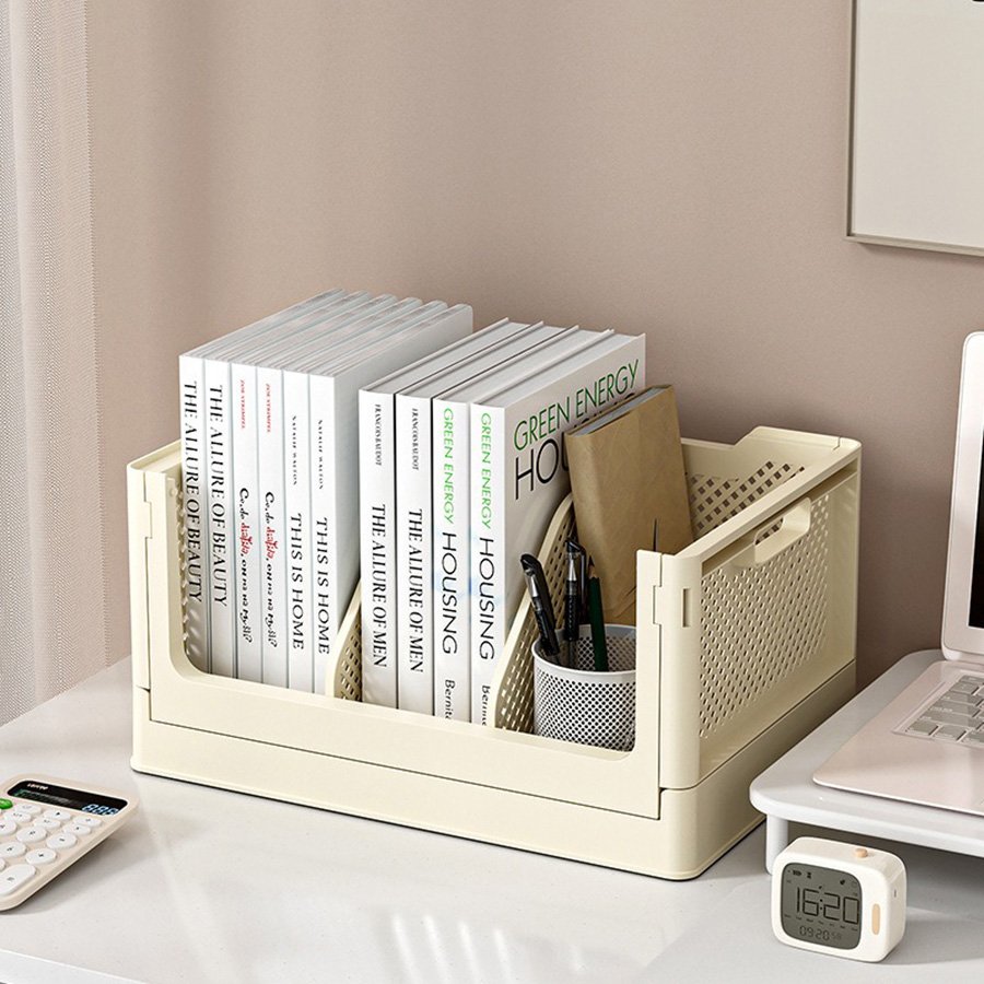 Foldable PP material student desk organizer box, large capacity stackable book storage box, household miscellaneous storage box