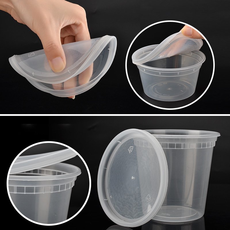 Restaurant round plastic food storage container packing sauce cup bowl with lids leak-proof disposable food container box