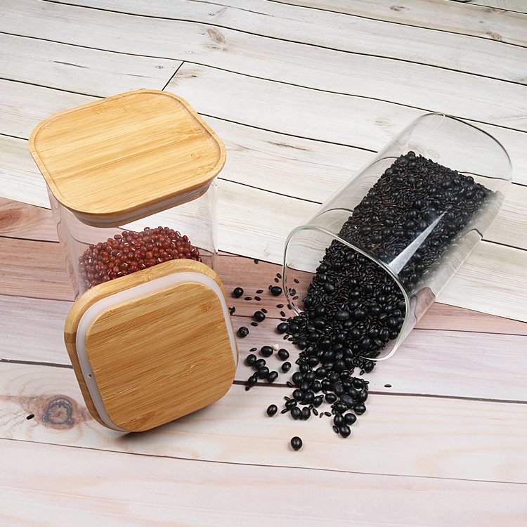 Stackable Square High Borosilicate Glass Storage Jar with Bamboo Lid