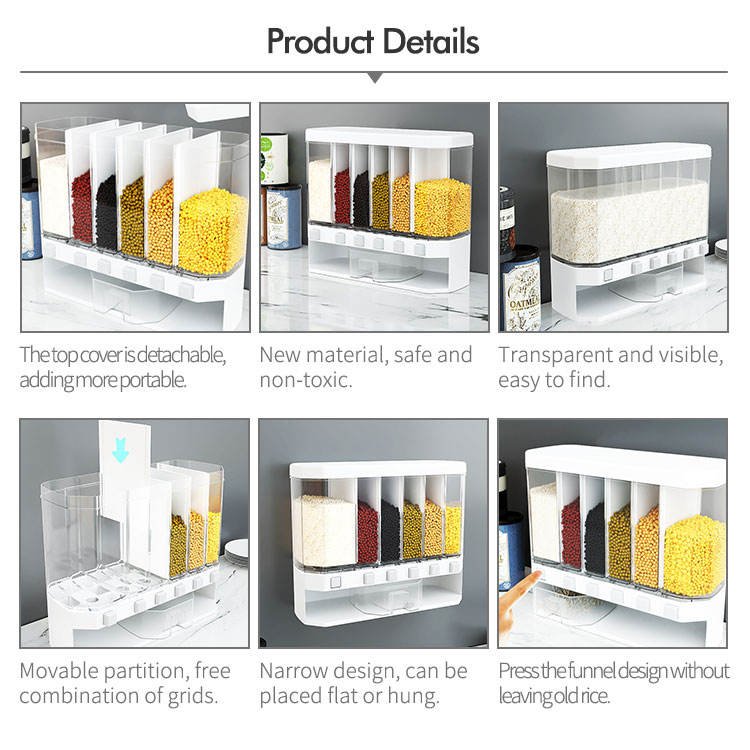 5 Compartment Food Storage Box Plastic Cereal Dispenser Storage Box Kitchen Food Grain Rice Container