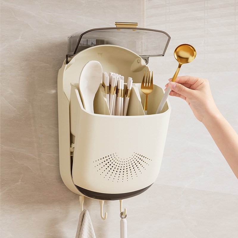 Wall Mounted Chopsticks Holder with Drain Tray 3 Compartments Large Capacity Draining Utensil Storage Box with Cover