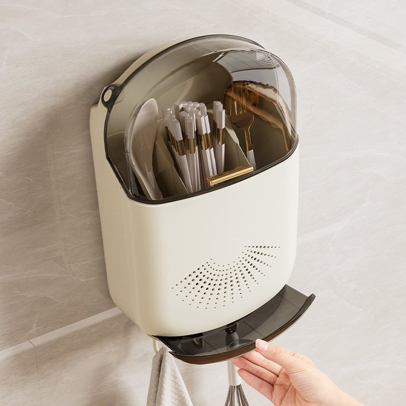 Wall Mounted Chopsticks Holder with Drain Tray 3 Compartments Large Capacity Draining Utensil Storage Box with Cover