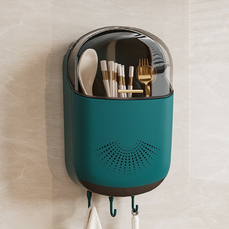 Wall Mounted Chopsticks Holder with Drain Tray 3 Compartments Large Capacity Draining Utensil Storage Box with Cover