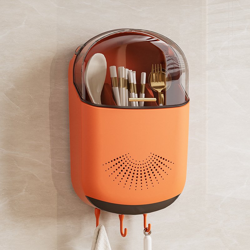 Wall Mounted Chopsticks Holder with Drain Tray 3 Compartments Large Capacity Draining Utensil Storage Box with Cover