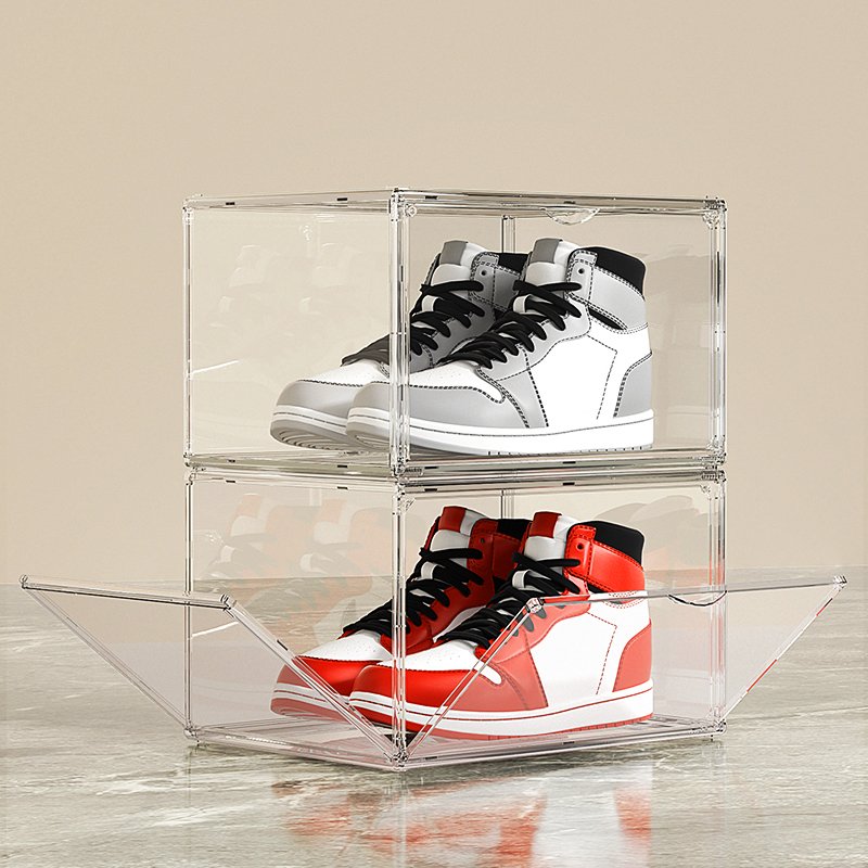 Modern Design Front Open Drop Door Clear Sneaker Storage Box Stabile Stackable & Simple Assemble with Magnetic Shoe Rack