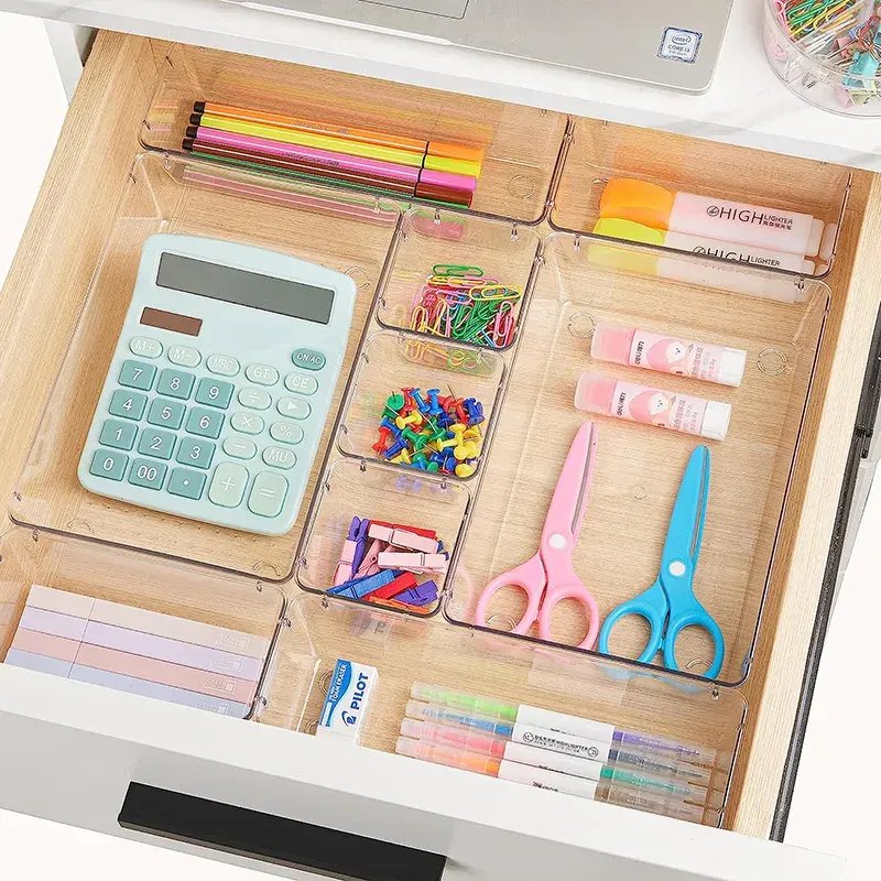 Premium Clear Plastic PS Storage Bins Small Size Hidden Desk Drawer Organizers Slide Feature Makeup Office Use Big Food
