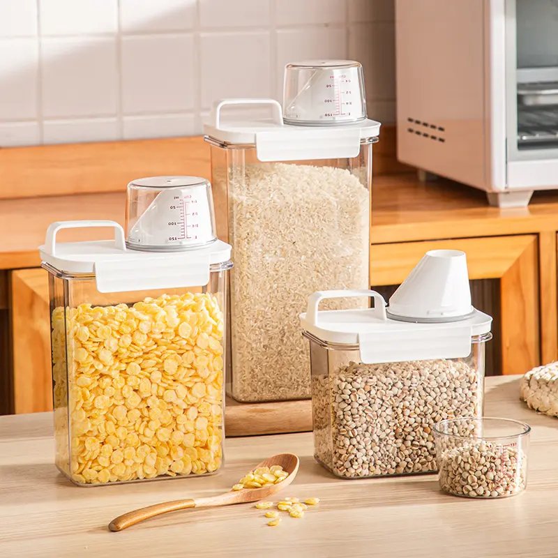 Newest Plastic Durable Kitchen Pantry Organizers Airtight Dry Food Rice Storage Box Container with Measuring Cup and Pour Spout