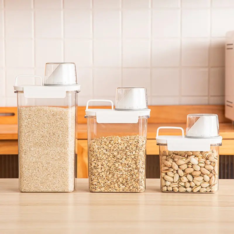 Newest Plastic Durable Kitchen Pantry Organizers Airtight Dry Food Rice Storage Box Container with Measuring Cup and Pour Spout