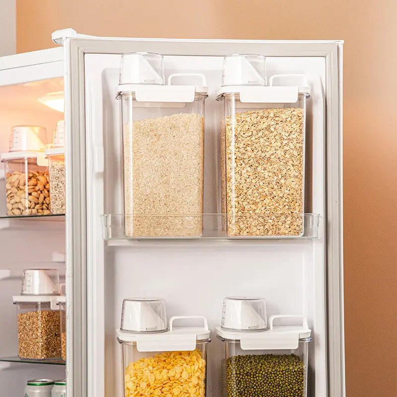Newest Plastic Durable Kitchen Pantry Organizers Airtight Dry Food Rice Storage Box Container with Measuring Cup and Pour Spout