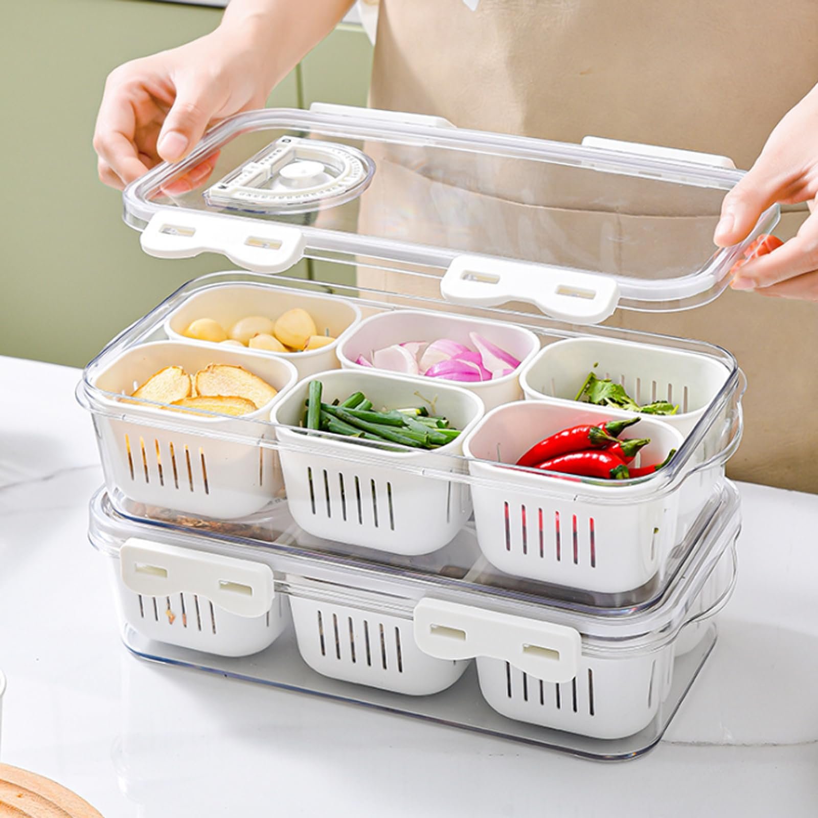 Airtight Refrigerator Fruit Vegetable Food Storage Kitchen Container Set Fresh Keeping Box With Drain Basket