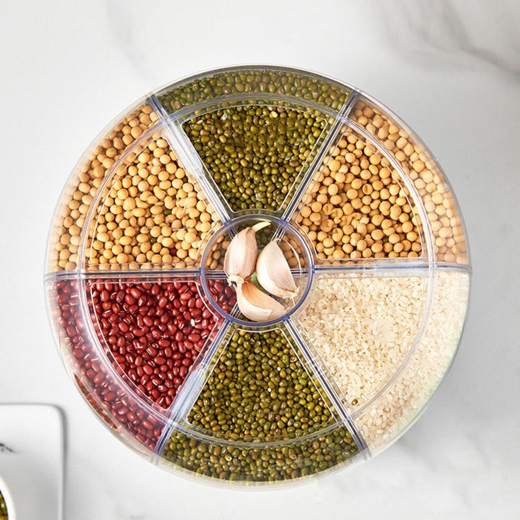 Rotating 6 Grids Divided Glass Rice Dispenser Plastic Bulk Grain Rangement Bucket Kitchen Dry Food Storage Dispenser Container