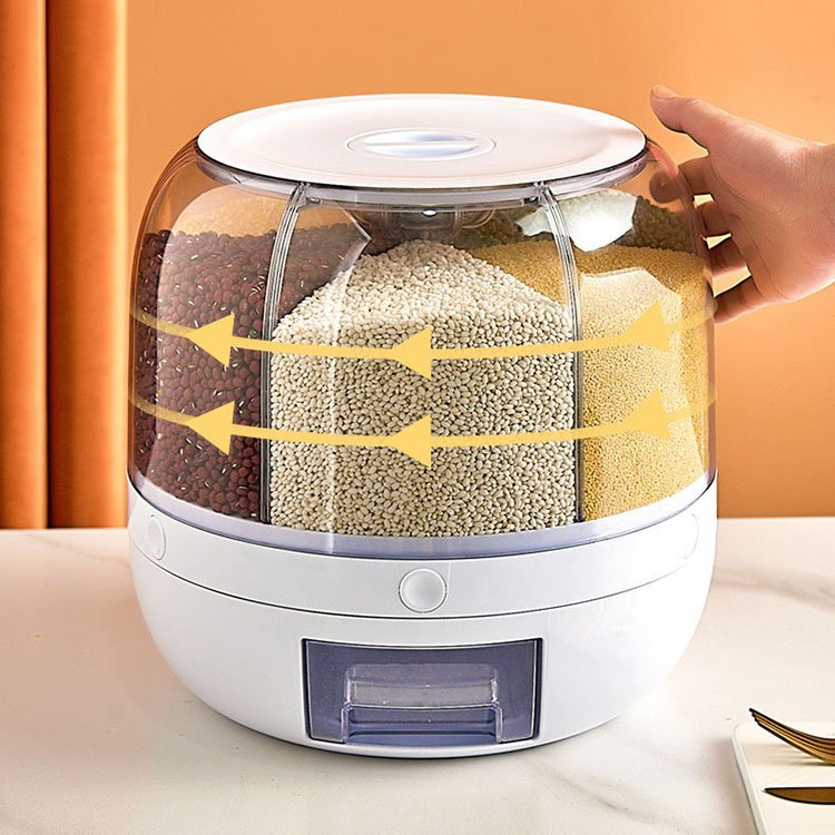 Rotating 6 Grids Divided Glass Rice Dispenser Plastic Bulk Grain Rangement Bucket Kitchen Dry Food Storage Dispenser Container