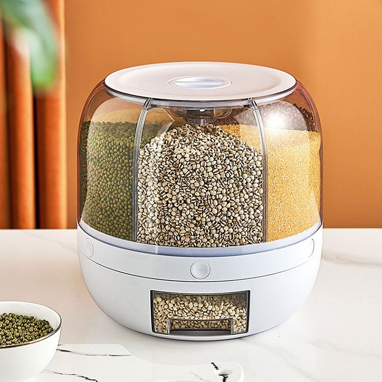 Rotating 6 Grids Divided Glass Rice Dispenser Plastic Bulk Grain Rangement Bucket Kitchen Dry Food Storage Dispenser Container