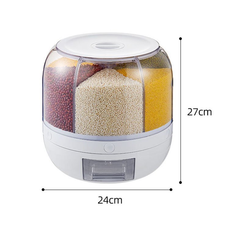 Rotating 6 Grids Divided Glass Rice Dispenser Plastic Bulk Grain Rangement Bucket Kitchen Dry Food Storage Dispenser Container
