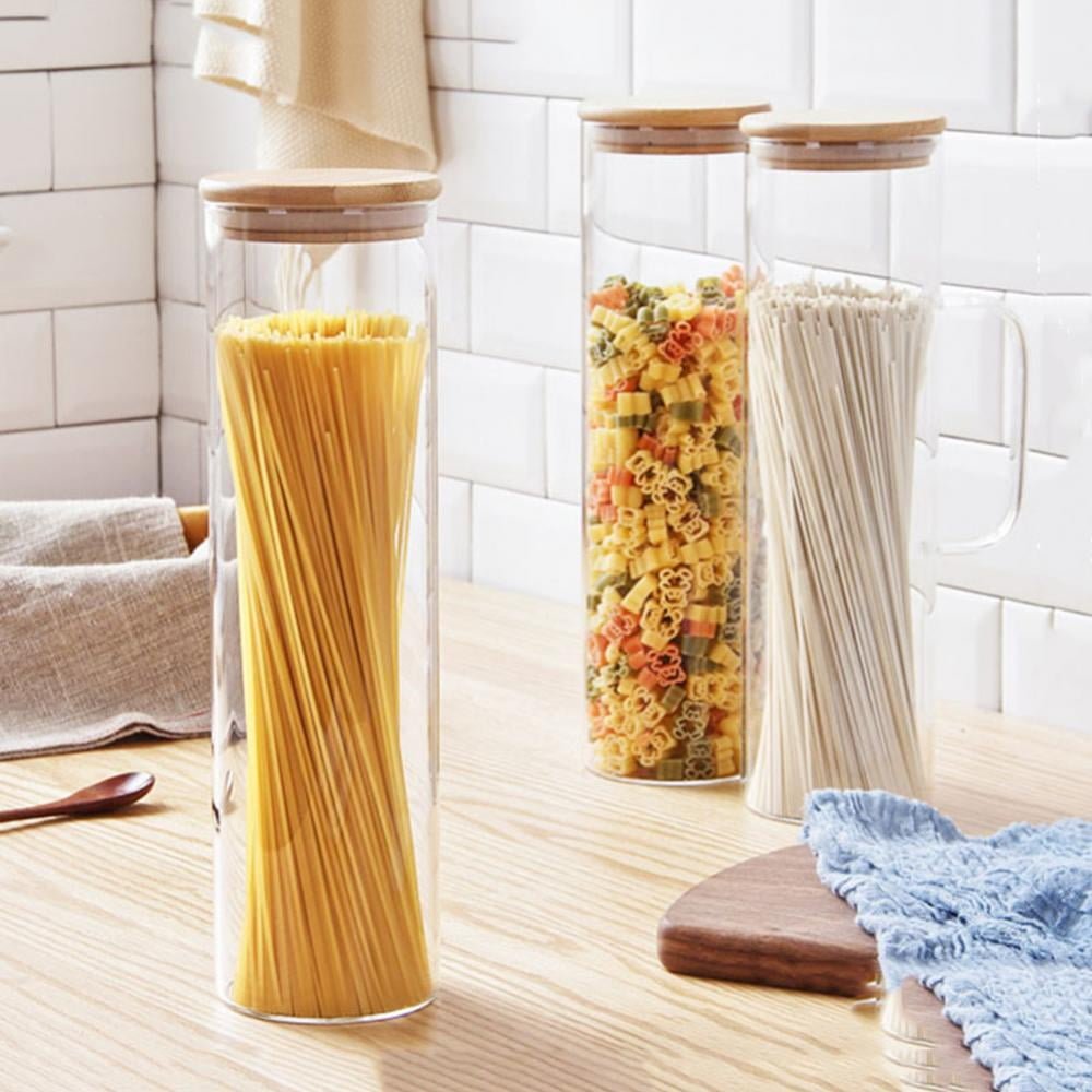 Large Round Bamboo Lid Moisture Proof Spaghetti Pasta Glass Food Storage Containers Jar with Handle