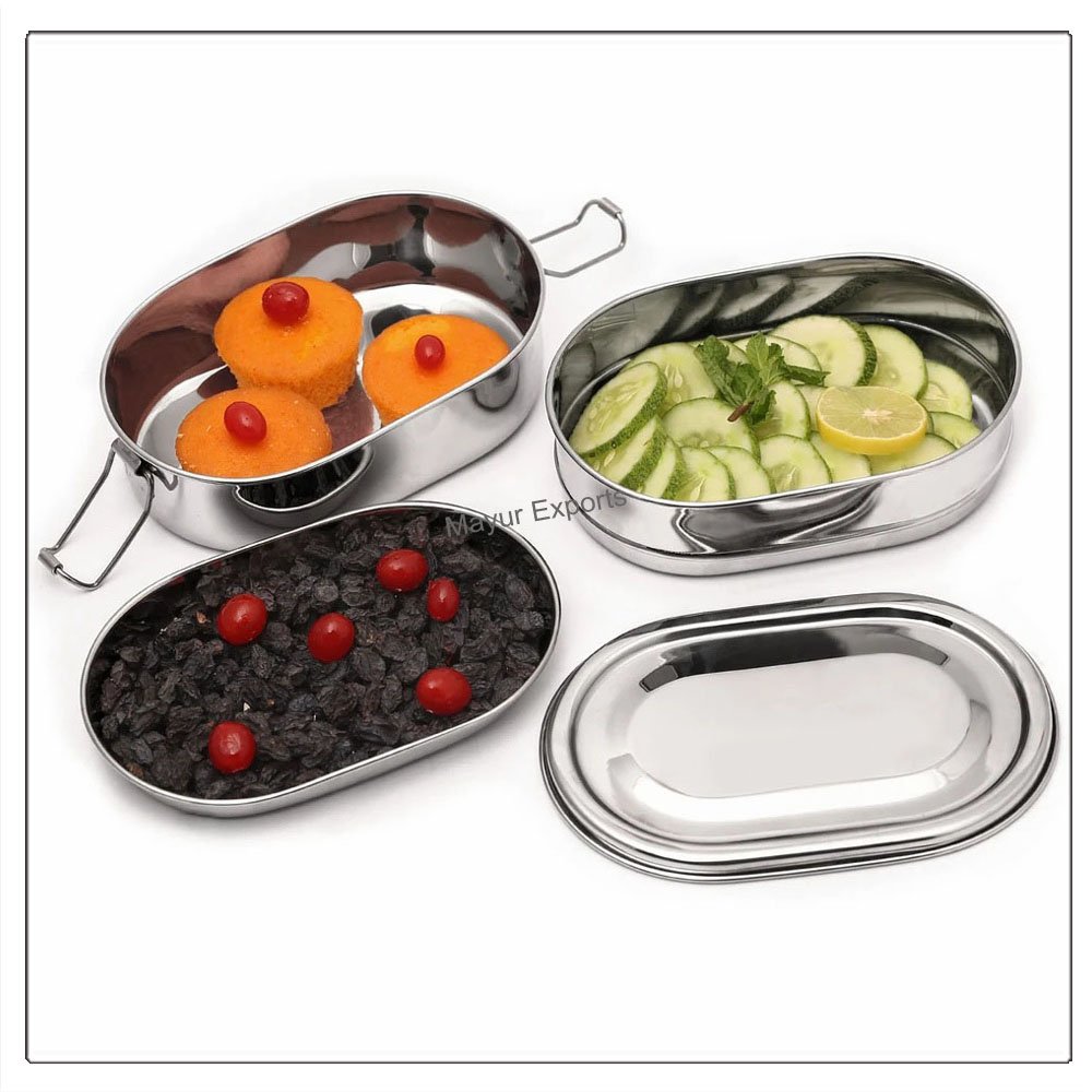 Dual Tier Stainless Steel Lunch Box with Snacks Plate Stackable Kitchen Food Storage for Baby Capable of Holding Multiple Meals