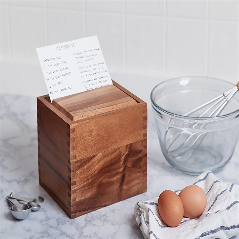 Personalized Natural Solid Wooden Recipe Box Card Holder Memory Box for Kitchen Storage