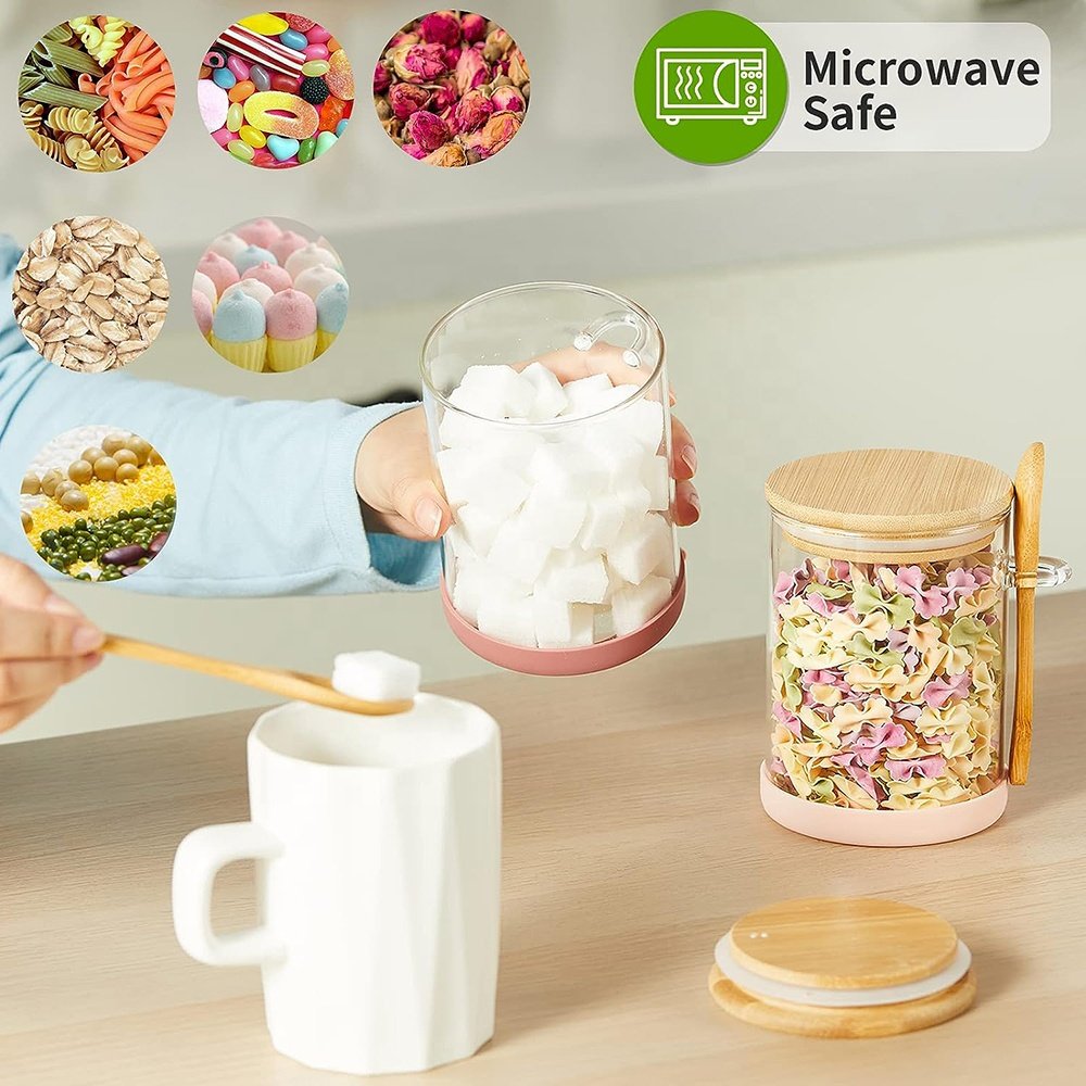 Wholesale Glass Spice Jars Custom Clear Airtight Glass Cereal Yogurt Food Storage Containers Jars With Bamboo Lids and Spoons