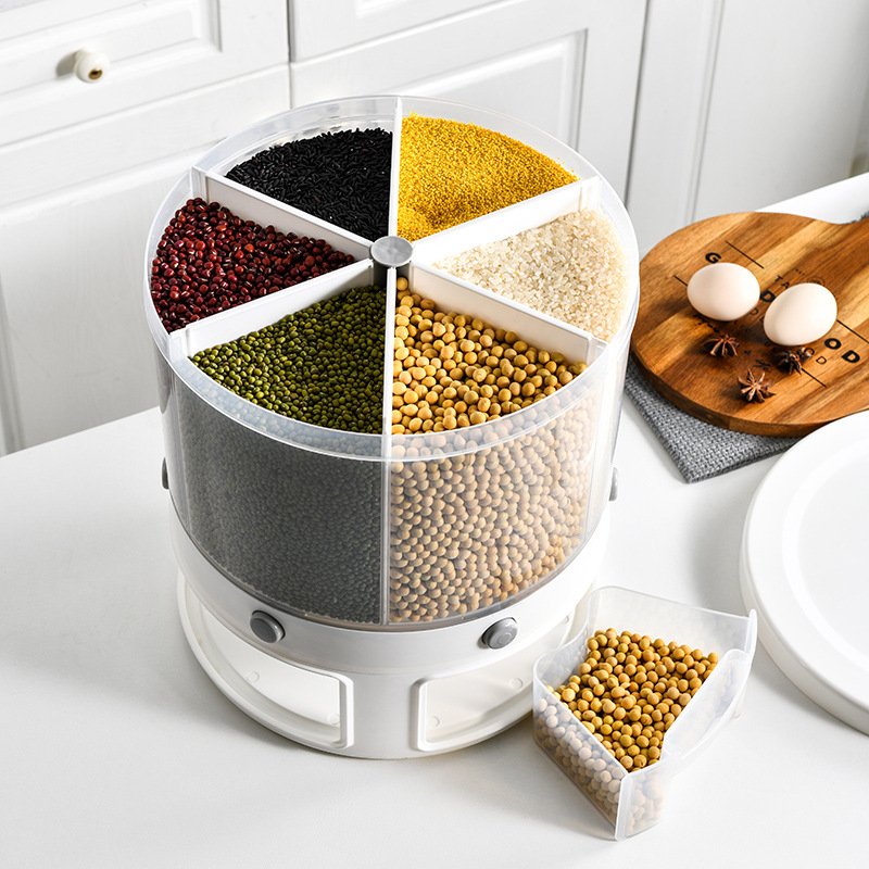 Kitchen 6-Compartment Rotating Cereal Dispenser Dry Food Storage Container Sealed Rice Bucket Moisture-Proof Food Storage Box