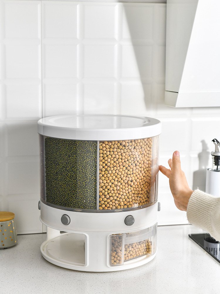 Kitchen 6-Compartment Rotating Cereal Dispenser Dry Food Storage Container Sealed Rice Bucket Moisture-Proof Food Storage Box