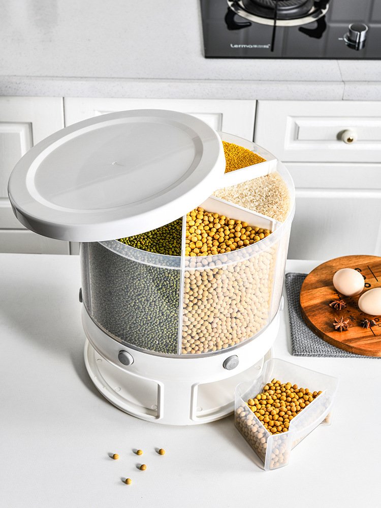 Kitchen 6-Compartment Rotating Cereal Dispenser Dry Food Storage Container Sealed Rice Bucket Moisture-Proof Food Storage Box