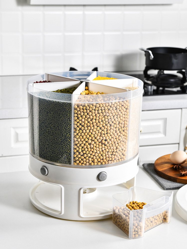 Kitchen 6-Compartment Rotating Cereal Dispenser Dry Food Storage Container Sealed Rice Bucket Moisture-Proof Food Storage Box