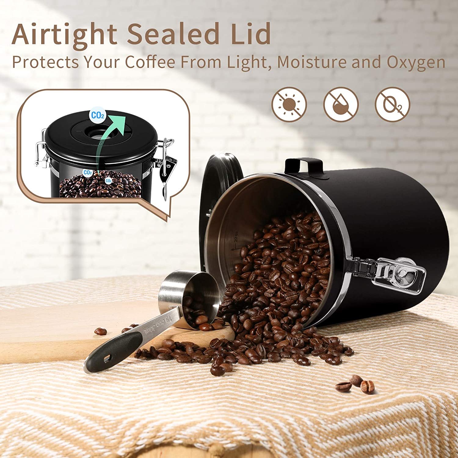 Airtight Stainless Steel Vacuum Coffee Canister Kitchen Food Storage Container Coffee Bean Storage Containers with Scoop