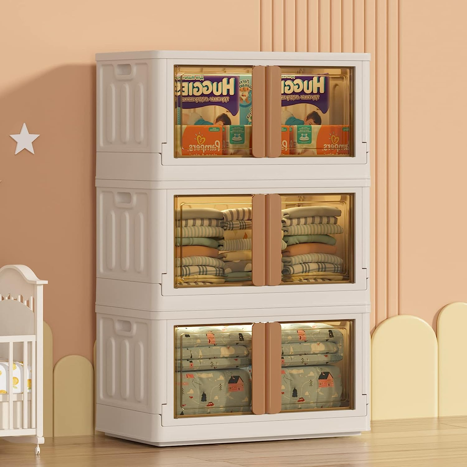 Bamboo Storage Bins with Clear Door & Lid, 76 Qt Large Capacity Folding Storage Bins for Craft and Home Storage