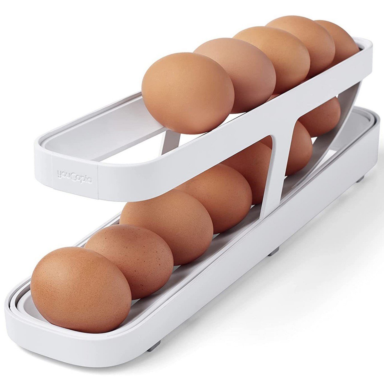 NISEVEN 2-Tier Auto Rolling Egg Organizer Modern Storage Rack Multifunctional Fridge Dispenser Kitchen Rectangle Shape PP Bag
