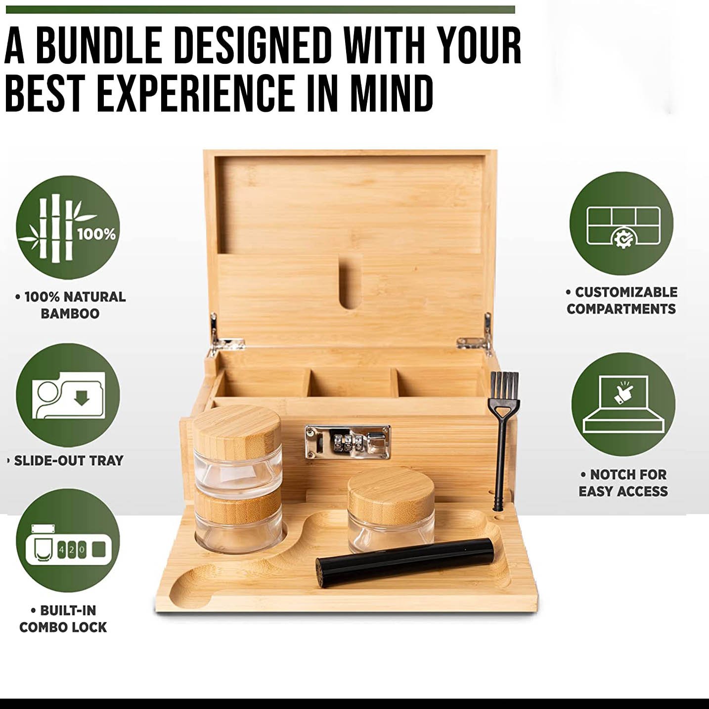 Bamboo Stash Box Set with Sliding Wooden Rolling Tray and 3 Airtight Jars Decorative Storage Boxes