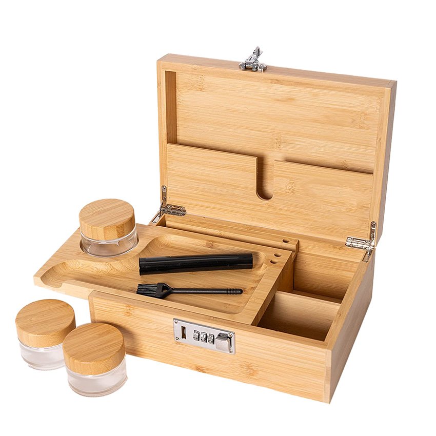 Bamboo Stash Box Set with Sliding Wooden Rolling Tray and 3 Airtight Jars Decorative Storage Boxes