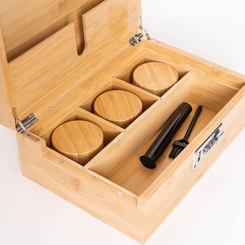 Bamboo Stash Box Set with Sliding Wooden Rolling Tray and 3 Airtight Jars Decorative Storage Boxes