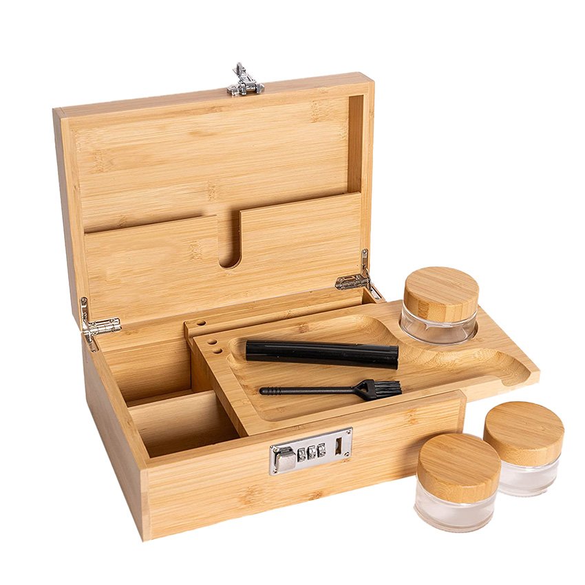 Bamboo Stash Box Set with Sliding Wooden Rolling Tray and 3 Airtight Jars Decorative Storage Boxes