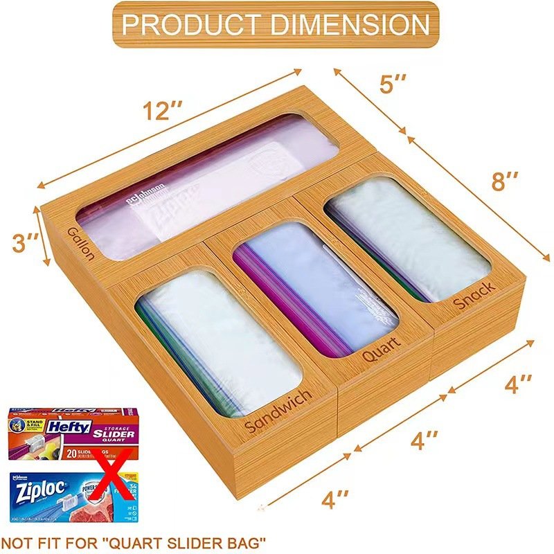 Custom Food Storage Bamboo Ziplock Bag Storage Organizer For Kitchen Drawer Organizer