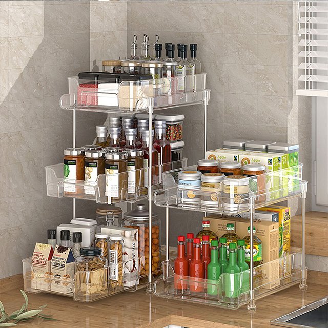 JILEN- Transparent PET shelf Desktop cosmetic storage box Bathroom bathroom kitchen multi-functional stacked storage rack