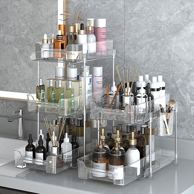 JILEN- Transparent PET shelf Desktop cosmetic storage box Bathroom bathroom kitchen multi-functional stacked storage rack