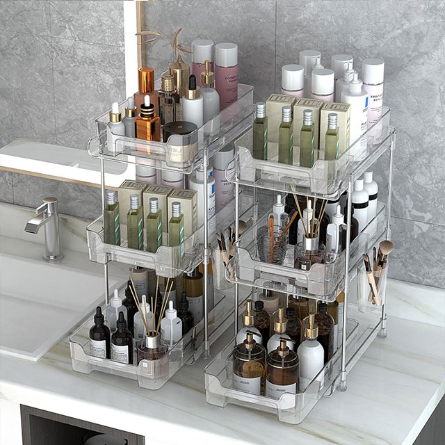 JILEN- Transparent PET shelf Desktop cosmetic storage box Bathroom bathroom kitchen multi-functional stacked storage rack