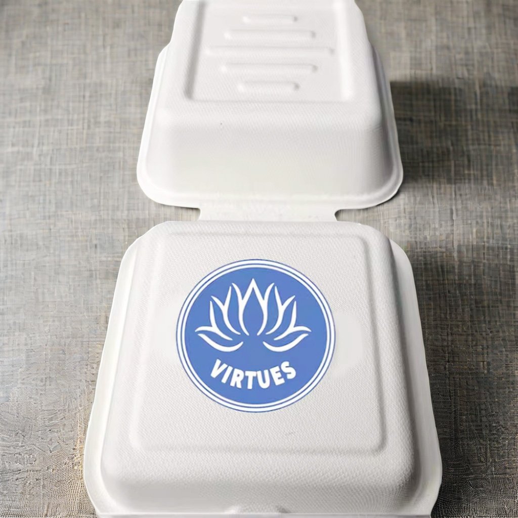 VIRTUES Custom Sugarcane Pulp Bagasse Clamshell Lunch Box Tableware Biodegradable Take away Fast Food Packaging Container