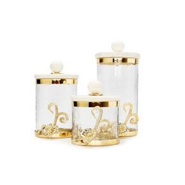 Decorative Metal And Glass Gold Plated Glass Canister With marble Lid with metal knob For Kitchen Decoration storage canister
