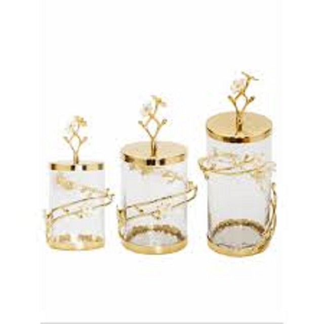 Decorative Metal And Glass Gold Plated Glass Canister With marble Lid with metal knob For Kitchen Decoration storage canister
