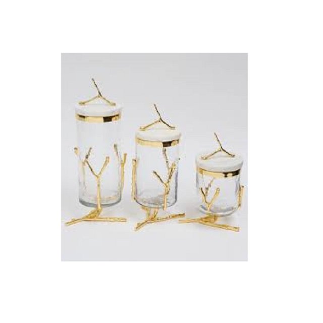 Decorative Metal And Glass Gold Plated Glass Canister With marble Lid with metal knob For Kitchen Decoration storage canister